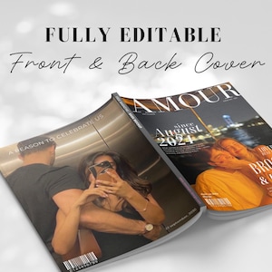 May include: Two magazines with the text "FULLY EDITABLE Front & Back Cover" are displayed. One magazine cover features a couple, the other has the word "AMOUR" and the text "since August 2024".
