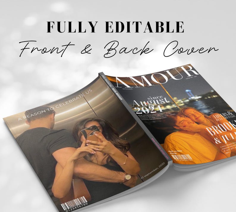May include: Two magazines with the text "FULLY EDITABLE Front & Back Cover" are displayed. One magazine cover features a couple, the other has the word "AMOUR" and the text "since August 2024".