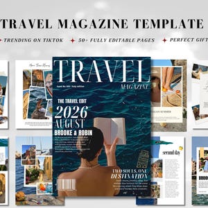 May include: A digital travel magazine template featuring over 50 editable pages. The cover displays the text TRAVEL MAGAZINE, 2026 AUGUST, BROOKE & ROBIN, and TWO SOULS, ONE DESTINATION over a dark blue ocean background with a person holding a book.