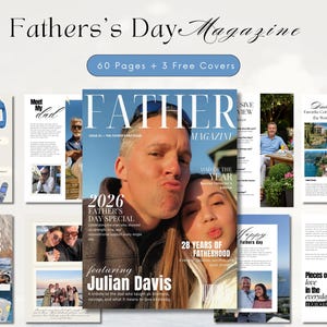 Könnte beinhalten: Ein Magazin-Cover mit dem Titel "Father's Day Magazine" und dem Text "60 Pages + 3 Free Covers." Das Cover zeigt einen Mann und eine Frau, die ein Gesicht machen. Das Magazin trägt den Titel "FATHER MAGAZINE" mit dem Text "2026 FATHER'S DAY SPECIAL" und "28 YEARS OF FATHERHOOD."