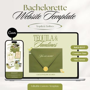 May include: A digital bachelorette website template displayed on a laptop and smartphone screen. The design features the text Tequila & Tanlines, an envelope graphic with a lemon slice, a countdown timer, RSVP, and video tutorial buttons.
