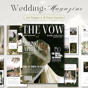 May include: A wedding magazine with the title "Wedding Magazine" and the headline "The Vow." The cover features a couple kissing under a veil. The magazine includes the text "2026 April" and "66 Pages + 3 Free Covers."
