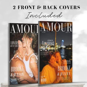 May include: Two magazine covers are displayed, each featuring the word "AMOUR" in large letters. One cover shows a couple embracing, with the text "LOVERS & BEST FRIENDS" and "BROOKE & JULIAN." The other cover says "since August 2024."