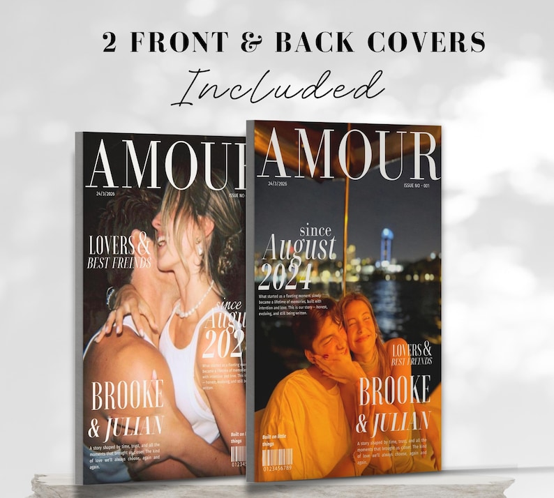 May include: Two magazine covers are displayed, each featuring the word "AMOUR" in large letters. One cover shows a couple embracing, with the text "LOVERS & BEST FRIENDS" and "BROOKE & JULIAN." The other cover says "since August 2024."