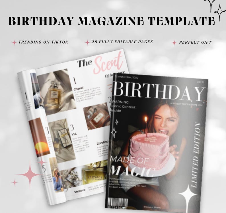 Plantilla de revista de cumpleaños, regalo personalizable, Canva (descarga digital) imagen 1