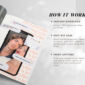 May include: An open magazine displays a smartphone graphic with a couple's photo and text bubbles. The text bubbles read "I'm on my way mentally" and "I need a nap from my nap." The magazine also features the text "How it works."