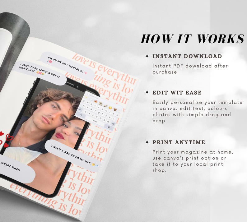 May include: An open magazine displays a smartphone graphic with a couple's photo and text bubbles. The text bubbles read "I'm on my way mentally" and "I need a nap from my nap." The magazine also features the text "How it works."