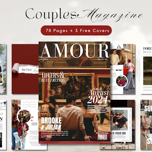 以下が含まれることがあります： 「Couples Magazine」というタイトルの雑誌の表紙で、「78ページ+3つの無料カバー」というテキストがあります。表紙には「AMOUR」という単語と「LOVERS & BEST FRIENDS」というテキスト、そして「2024年8月」という日付が記載されています。