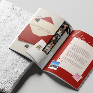 May include: An open book with a red cover and a letter inside. A red envelope with a heart-shaped lock and the text "A GENTLE REMINDER TO SHOW LOVE AND APPRECIATE THE LITTLE THINGS THAT MAKE US HAPPY" is on the left. A film strip of photos is on the right.