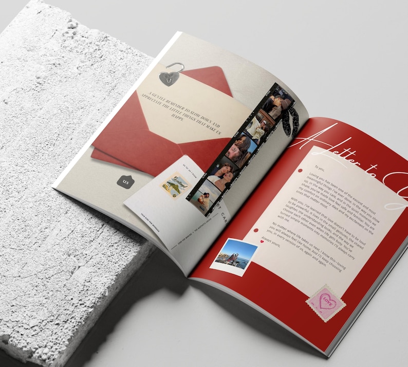 May include: An open book with a red cover and a letter inside. A red envelope with a heart-shaped lock and the text "A GENTLE REMINDER TO SHOW LOVE AND APPRECIATE THE LITTLE THINGS THAT MAKE US HAPPY" is on the left. A film strip of photos is on the right.
