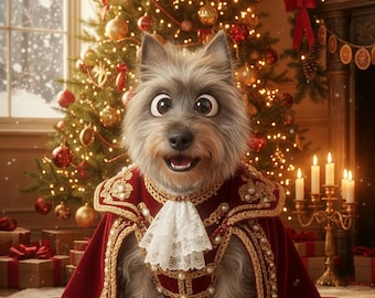 May include: A dog wearing a red and gold cape with pearl accents and a white lace collar, set against a Christmas tree backdrop. The dog has a happy expression, with a decorated Christmas tree and gifts in the background.