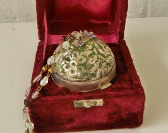 Round metal purse circa 1920s with velvet box christal chain handle one of a kind