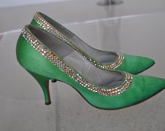 1950s De Marchi pumps green satin with rhinestones sz 7