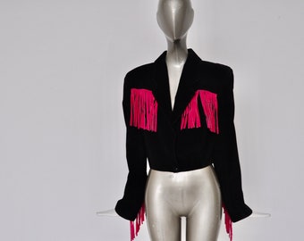 80s Suede jacket black with pink fringes, sz small