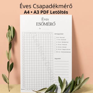 May include: A white printable annual rainfall chart with a grid for tracking precipitation. The chart includes the text "Éves Esőmérő" and "A4 • A3 PDF Letöltés". Decorative green leaves are in the foreground.