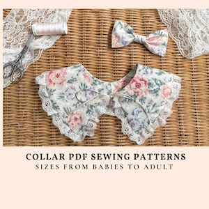 May include: A floral print collar with lace trim and a matching bow tie. The collar and bow tie feature a pattern of pink and purple flowers on a cream background. The text "COLLAR PDF SEWING PATTERNS SIZES FROM BABIES TO ADULT" is displayed.