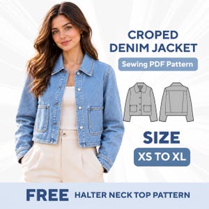 Peut inclure: Une veste en jean courte bleu clair avec un col, des manches longues et deux poches avant. L'image contient le texte CROPED DENIM JACKET, Sewing PDF Pattern, SIZE XS TO XL, et FREE HALTER NECK TOP PATTERN, ainsi qu'un croquis technique.