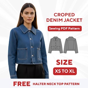 Può includere: Giacca di jeans corta blu medio, con colletto classico, chiusura con bottoni e due tasche frontali. L'immagine include un grafico del modello di cucito e il testo "CROPED DENIM JACKET" e "SIZE XS TO XL".