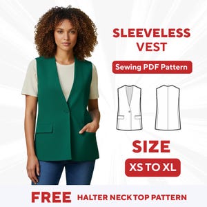 May include: A woman wearing a dark green sleeveless vest over a cream-colored t-shirt and blue jeans. The image includes a sewing pattern diagram and text that reads "SLEEVELESS VEST", "Sewing PDF Pattern", "SIZE XS TO XL", and "FREE HALTER NECK TOP PATTERN".