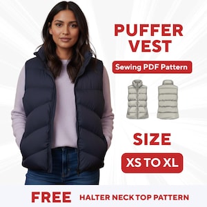 Peut inclure: Une femme porte une veste matelassée bleu marine. L'image comprend le texte "PUFFER VEST" et "Sewing PDF Pattern". La gamme de tailles est XS à XL. L'image comprend également un patron de haut dos nu gratuit.