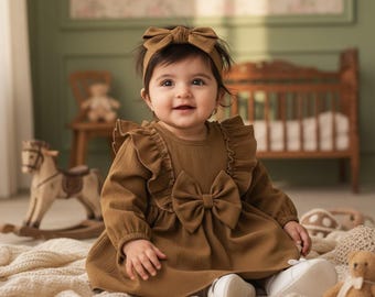 Baby Girl Autumn Dress with Bow | Ruffled Long Sleeve & Headband Set | 0-18M Fall Outfit