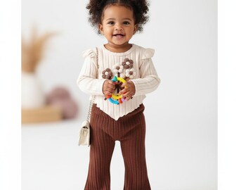 Completo autunnale per bambina / Top con fiocco floreale e pantaloni a zampa d'elefante