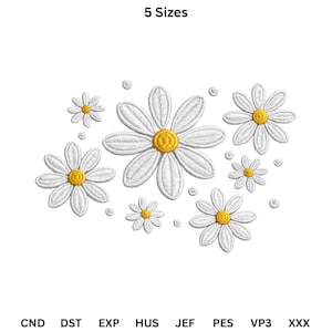 May include: White daisy embroidery design with yellow centers and white petals. The image shows several daisies of varying sizes, along with small white circles. The text "5 Sizes" is at the top.