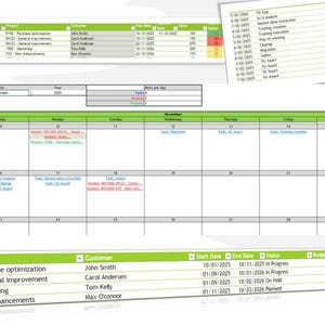 Könnte beinhalten: Eine detaillierte Tabelle mit Projektmanagementdaten. Das Dokument enthält Tabellen mit Projektnamen, Kunden, Start- und Enddaten sowie Budgets. Eine Kalenderansicht hebt Aufgaben und Fristen für November 2025 hervor.