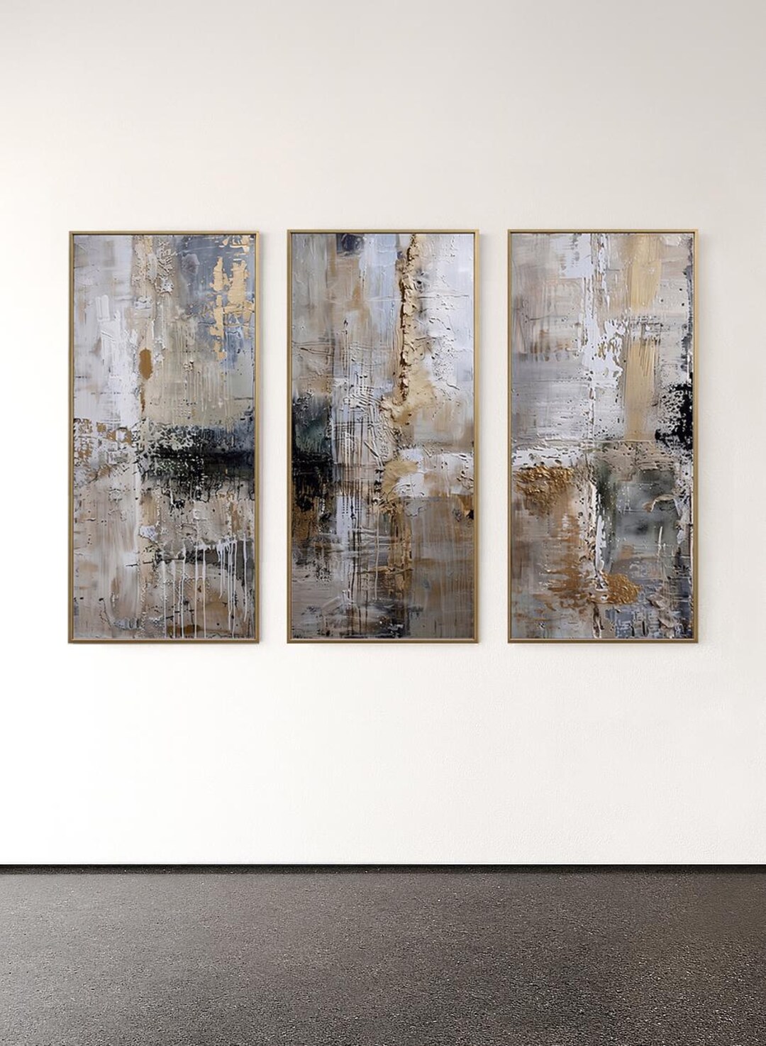 Abstract Painting Single Triptych Set Neutral Gold Beige Wall Art Large ...