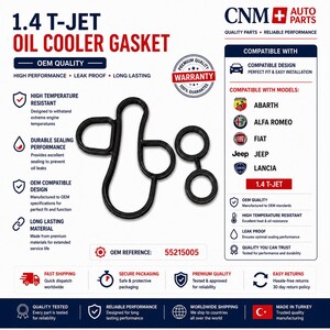 May include: A black rubber oil cooler gasket for 1.4 T-JET engines, featuring a complex multi-loop shape. The image includes text labels such as 1.4 T-JET OIL COOLER GASKET, OEM REFERENCE 55215005, and lists compatible brands like Abarth, Alfa Romeo, Fiat, Jeep, and Lancia.