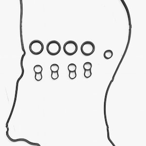 May include: A black rubber gasket set with various shapes and sizes. The set includes a large, irregular-shaped gasket, five circular gaskets, and four figure-eight shaped gaskets. The components are arranged on a white background.