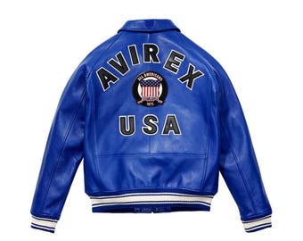 Vintage Blaue Avirex Rindsleder Bomberjacke | Herren Fliegermantel