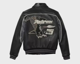Chaqueta bomber de cuero genuino negro Avirex para hombre / Estilo universitario vintage