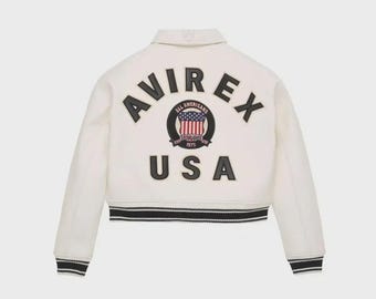 Women’s Avirex USA White Cropped Leather Jacket | Genuine Cowhide Varsity Bomber Flight Jacket