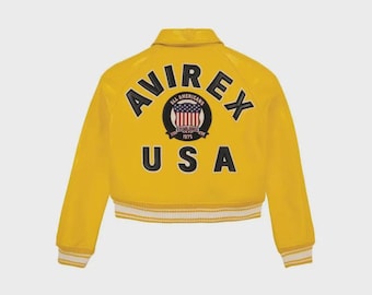Avirex USA Women’s Gold Cropped Leather Bomber Jacket | Genuine Cowhide Varsity Biker Jacket