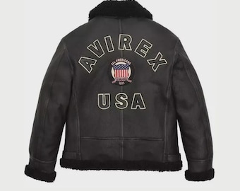 Avirex Men’s Leather Bomber Jacket | Genuine Leather Fur Lined Winter Coat Classic Streetwear