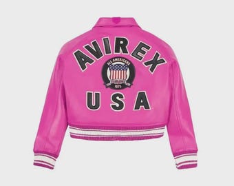 Avirex Women’s Pink Cropped Leather Bomber Jacket | Genuine Cowhide Streetwear Flight Jacket
