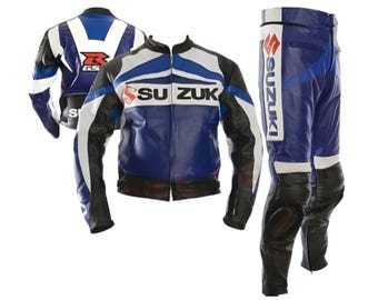 Traje de cuero de dos piezas para motociclista Suzuki GSXR con protecciones CE.