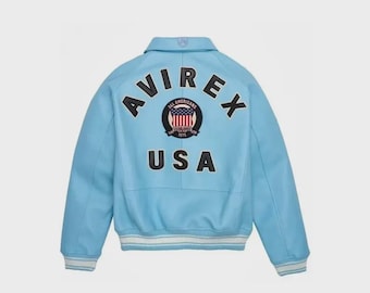 Chaqueta bomber de cuero azul cielo Avirex / Piel de vaca auténtica, estilo vintage, estilo icónico para hombre