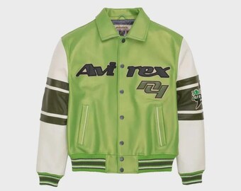 Chaqueta bomber de cuero Avirex verde y blanca / Abrigo de vuelo retro