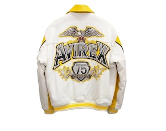 Vintage Avirex Leather Bomber Jacket for Men – Eagle Embroidery – Retro 70s Streetwear – Black Aviator Pilot Jacket – Classic Outerwear