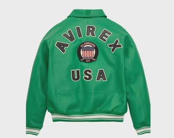 Avirex Green Leather Bomber Jacket | Men’s Vintage Varsity Streetwear