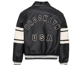 Schwarze Avirex Varsity Lederjacke | Brooklyn USA Retro Bomberjacke