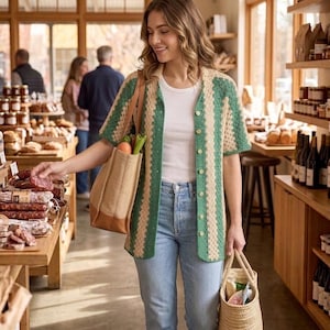 May include: A woman in a green and beige crochet shirt and blue jeans shops in a store. She carries a tote bag with vegetables and a woven basket. Shelves are stocked with food items.