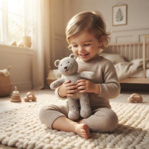 May include: A light beige knitted teddy bear with a speckled texture, small dark eyes, and a stitched nose, held by a child wearing a matching beige long-sleeved knitted sweater and pants while sitting on a thick, cream-colored chunky knit rug.