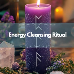 May include: A lit, purple pillar candle with white rune symbols and the text "Energy Cleansing Ritual". The candle is surrounded by greenery, crystals, and other ritualistic items. The candle is lit with a bright flame.