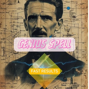 May include: An artistic image featuring a portrait of a man with a mustache, overlaid with schematics and the text "GENIUS SPELL." A yellow and green diamond shape with the text "FAST RESULTS" is at the bottom.