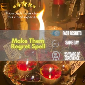 Może przedstawiać: Obraz z zapalonymi świecami, płomieniem i tekstem "Make Them Regret Spell". Dodatkowy tekst zawiera "Szybkie wyniki", "Tego samego dnia" i "23 lata doświadczenia". Obraz wyświetla również ocenę pięciogwiazdkową.