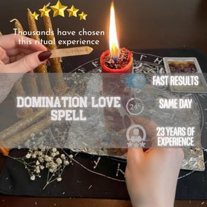 May include: A lit red candle with a flame, surrounded by other candles and a crystal. Text reads "Domination Love Spell", "Fast Results", and "Same Day". The image also includes the text "Thousands have chosen this ritual experience".