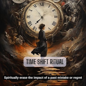 Op de afbeelding: Een artistieke afbeelding van een persoon voor een grote klok, met de tekst "TIME SHIFT RITUAL" en de zin "Spiritueel de impact van een eerdere fout of spijt wissen". De afbeelding heeft een surrealistische, donkere sfeer.
